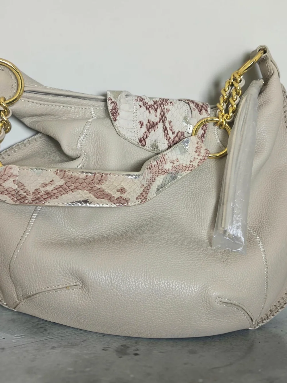 Cream Leather Hobo Bag with Snakeskin Detail and Gold Chain Strap